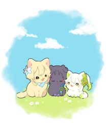  :3 animalization black_cat black_hair blonde_hair blue_cape blue_flower blue_gem blue_scarf blue_sky blue_trim cape cat closed_eyes clouds cloudy_sky commentary_request eyeliner eyeshadow feathers floppy_ears flower gem genshin_impact grass green_hair hair_flower hair_ornament heart heart_hair_ornament highres lumine_(genshin_impact) makeup multicolored_flower multicolored_hair nahida_(genshin_impact) nasuka_gee no_humans on_ground open_mouth pom_pom_(clothes) red_eyeliner red_eyeshadow scaramouche_(genshin_impact) scarf side-by-side side_ponytail sidelocks sitting sky streaked_hair triangle_mouth vision_(genshin_impact) wanderer_(genshin_impact) white_cat white_flower white_hair white_scarf yellow_cat yellow_eyes yellow_feathers 