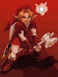  1boy blonde_hair boots brown_boots commentary fairy fairy_wings full_body hammer hat highres holding holding_hammer holding_weapon link long_pointy_ears male_focus msk3284tloz navi open_mouth pants pointy_ears red_background red_hat red_tunic shield shield_on_back standing the_legend_of_zelda the_legend_of_zelda:_ocarina_of_time tunic untranslatable_commentary weapon white_pants wings 