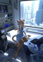  1girl ahoge animal_ears animal_nose backlighting black_necktie blue_dress blue_eyes braid braided_ponytail cat_ears cat_tail collared_shirt computer denchou dress floppy_disk furry furry_female grey_hair hair_ornament hairclip headphones headphones_around_neck highres laptop long_sleeves monitor necktie on_bed original pillow pinstripe_pattern pinstripe_sleeves plant potted_plant reel-to-reel_tape_recorder shirt shoes single_braid sitting solo tail unworn_shoes window 