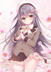  1girl black_hair blush bow bowtie brown_eyes brown_jacket brown_skirt buttons collared_shirt commentary_request cowboy_shot flower frilled_skirt frilled_sleeves frills hair_between_eyes hat highres jacket long_hair long_sleeves miniskirt original parted_lips pink_flower plaid_bow plaid_bowtie plaid_clothes pleated_skirt school_uniform shirosei_mochi shirt sidelocks skirt solo steepled_fingers thigh-highs white_hat white_shirt white_thighhighs yellow_bow yellow_bowtie zettai_ryouiki 