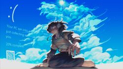  1other absurdres barefoot black_hoodie blue_sky brown_hair brown_pants clouds cloudy_sky commentary day deltarune drawstring emoticon english_commentary feet fourth_wall highres hood hood_down hoodie kris_(deltarune) looking_at_viewer meta monitor outdoors pants red_eyes sky striped_clothes striped_hoodie sun sunlight susie_(deltarune) thelostmoongazer toes utdr_(toby_fox) wide-eyed 