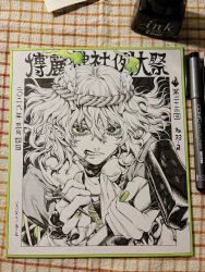  1girl absurdres art_tools_in_frame between_fingers candle commentary_request fire green_eyes green_fire green_nails hammer highres holding holding_hammer looking_at_viewer medium_hair mizuhashi_parsee mouth_hold nail_(hardware) photo_(medium) scarf shikishi shirt solo touhou traditional_media translation_request upper_body ushi_no_koku_mairi yamazaki_tsukune 