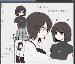  2girls amakura_mayu amakura_mio an_sin arms_at_sides arrow_(symbol) art_tools_in_frame artist_name black_camisole black_shirt brown_eyes brown_shoes camisole closed_mouth cropped_arms cropped_torso crutch fatal_frame fatal_frame_ii:_crimson_butterfly full_body grey_background grey_eyes grey_skirt heart heel_up highres holding_crutch jewelry kneehighs korean_text looking_ahead looking_at_another looking_at_viewer miniskirt multiple_girls multiple_views necklace parted_lips pendant pleated_skirt profile shirt shoes short_sleeves siblings simple_background sisters skirt socks standing translation_request twins twitter_username upper_body white_shirt white_socks 
