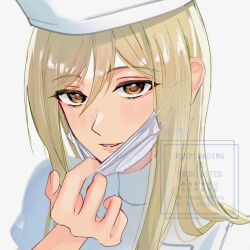  1girl blonde_hair brown_eyes brown_pupils commentary_request hair_between_eyes hat highres higurashi_no_naku_koro_ni imitpd long_hair looking_at_viewer mask mask_pull mouth_mask nurse nurse_cap parted_lips pink_lips simple_background solo surgical_mask takano_miyo upper_body watermark white_background 