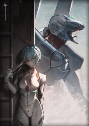  1girl ayanami_rei bandaged_head bandages blue_hair bodysuit breasts commentary cowboy_shot eva_00 evangelion_(mecha) hair_between_eyes hairpods highres interface_headset_(evangelion) looking_at_viewer mecha mecha_pilot_suit medium_breasts neon_genesis_evangelion one-eyed one_eye_covered parted_lips plugsuit_(evangelion) red_eyes robot science_fiction shitakara4 short_hair skin_tight standing super_robot twitter_username white_bodysuit 