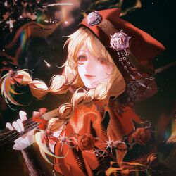  1girl animal_ear_hood animal_ears arm_warmers asymmetrical_eyewear black_arm_warmers black_background blonde_hair bow braid brown-framed_eyewear chain chinese_commentary cloak closed_mouth commentary_request eyelashes eyes_visible_through_hair facepaint fire floating_hair floral_print flower flower-shaped_eyewear frilled_arm_warmers frills goggles goggles_on_headwear gun hair_bow hair_ornament hair_over_shoulder happy heart heart-shaped_eyewear heart_hair_ornament highres holding holding_gun holding_weapon hood hood_up hooded_cloak infinity_nikki lang_yuan light_particles lipstick long_hair looking_at_viewer loose_hair_strand makeup musket nikki_(series) nostrils over_shoulder pink_lips pointy_nose print_cloak red_bow red_cloak red_eyes red_flower red_rose rose rose_print she_is_wildfire_(infinity_nikki) shirt smile solo swept_bangs twin_braids upper_body very_long_hair weapon weapon_over_shoulder white_flower white_rose white_shirt wolf_ears 