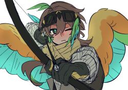  1boy absurdres aiming animification bird_boy bird_wings bishounen black_gloves bow_(weapon) brown_hair chinese_commentary commentary_request eyewear_on_head feather_hair_ornament feathers gloves green_eyes hair_ornament head_wings highres holding incoming_attack long_hair looking_at_viewer male_focus minecraft_youtube one_eye_closed parrot_boy parrotx2 renlei_changjian_guzhang_yilan simple_background sketch solo sunglasses unstable_universe weapon white_background wings 