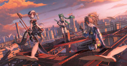  3girls absurdres apron bird black_gloves black_hair blue_jacket braid city cityscape clouds dove ellen_joe fins fish_tail gloves green_eyes green_hair hair_between_eyes hand_on_own_head hand_on_own_hip highres holding holding_sword holding_weapon jacket long_hair looking_at_viewer maid maid_apron maid_headdress meichaoshoudebanli multicolored_hair multiple_girls navel orange_clouds orange_streaks pants pantyhose police police_badge police_uniform ponytail qingyi_(zenless_zone_zero) red_eyes red_hair red_streaks rooftop shark_girl shark_tail short_hair shorts sidelocks sitting sky standing streaked_hair sword tail tight_clothes twilight twintails two-tone_hair v weapon wrist_cuffs zenless_zone_zero zhu_yuan 