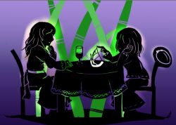  back_bow bamboo bow capelet chair changeability_of_strange_dream closed_mouth commentary_request cup dress drinking_glass gap_(touhou) hand_on_own_cheek hand_on_own_chin hand_on_own_face hand_on_table hat hat_bow kirisame_marisa long_hair maribel_hearn minus_(sr_mineka) no_eyes open_mouth pointing purple_background ribbon-trimmed_capelet ribbon-trimmed_skirt ribbon_trim sash shirt short_hair sitting skirt smile table touhou unworn_hat unworn_headwear usami_renko wine_glass 