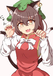  1girl animal_ear_piercing animal_ears ayuyu_yuka03 bow brown_hair cat_ears cat_girl cat_tail chen commentary cowboy_shot crossed_bangs dot_nose earrings fang fingernails frilled_sleeves frills green_hat hair_between_eyes hands_up hat highres jewelry light_blush long_sleeves looking_to_the_side mob_cap multiple_tails nekomata nyan open_mouth paw_pose red_nails red_skirt red_vest sharp_fingernails shirt short_hair simple_background single_earring skin_fang skirt solo standing tail touhou translated two_tails vest white_background white_bow white_shirt yellow_eyes yellow_trim 