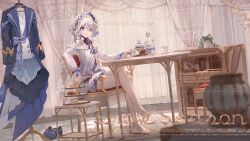  1girl absurdres ahoge arm_on_table bare_legs bare_shoulders barefoot biscuit_(bread) black_choker blue_bow blue_dress blue_eyes blue_gem blue_hair blue_headdress blue_shorts bottle bow brooch cake cake_stand chair chinese_commentary choker commentary_request crossed_legs cup cupcake curtains dress flower_pot food frilled_choker frills full_body furina_(genshin_impact) gem genshin_impact hand_on_table heterochromia highres indoors jewelry long_sleeves miao_shang_san_xiao shoes shorts sitting solo table tile_floor tiles unworn_clothes unworn_shoes white_dress white_hair white_sleeves wine_bottle wrist_bow 