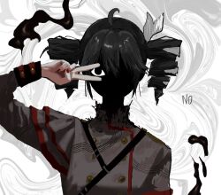  1girl ahoge black_hair buttons double-breasted drill_hair empty_eyes english_text grey_jacket hair_between_eyes hand_up highres jacket kasane_teto kasane_teto_(sv) long_sleeves looking_at_viewer medium_hair multicolored_hair musical_staff musical_staff_print red_trim ribbon shaded_face shoulder_belt sleeve_cuffs solo streaked_hair striped_clothes striped_jacket synthesizer_v torn_clothes twin_drills utau v wawasuke white_ribbon white_streaks 