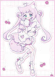  1girl :q absurdres ahoge animal_ear_fluff animal_ears apron blush_stickers bobby_socks cat_ears cat_girl cat_tail cherry closed_mouth commentary_request dress food fruit full_body gloves green_eyes grid_background heart heart_ahoge highres long_hair looking_at_viewer niyu_(nennenkorori3) original outline pink_dress pink_hair pink_shoes shoes short_sleeves smile socks solo standing tail tongue tongue_out twintails white_apron white_background white_gloves white_outline white_socks 