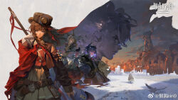  2boys 3girls animal_ears antlers arknights bear_ears bear_girl belt bird bird_on_hand blunt_bangs botani_(arknights) brown_coat brown_hair brown_jacket building chinese_commentary city closed_mouth clouds cloudy_sky coat commentary_request cropped_jacket fyodor_vladimirovich_(arknights) hat head_wings highres holding holding_weapon horns jacket long_hair multicolored_hair multiple_boys multiple_girls official_art pleated_skirt profile red_streaks rin9 skirt sky smoke statue streaked_hair ukusik_(arknights) weapon wide_shot wings zima_(arknights) zima_the_raging_tide_(arknights) 