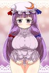  bottomless breasts embarrassed fujiyama_takashi hat highres large_breasts leaning_forward long_hair naked_sweater no_pants patchouli_knowledge purple_eyes purple_hair ribbed_sweater ribbon solo sweater touhou very_long_hair violet_eyes wide_hips 