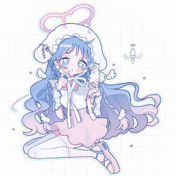  1girl :o absurdres blue_eyes blue_hair blush_stickers commentary_request detached_leggings full_body gradient_hair grid_background halo hands_up hat highres long_hair melting_halo multicolored_hair niyu_(nennenkorori3) open_mouth original outline pink_hair pink_halo pink_sandals pink_skirt sandals shirt short_sleeves simple_background sitting skirt solo wariza white_background white_hat white_shirt 