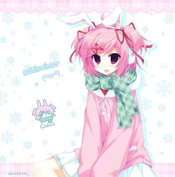  1girl 2000s_(style) :d alternate_costume animal_ears blush coat commentary doki_doki_literature_club doodle_inset earmuffs emoticon fake_animal_ears fang faux_retro_artstyle fur-trimmed_coat fur_trim green_scarf hair_ribbon highres jelly_(bonnybel) kaomoji long_sleeves looking_at_viewer natsuki_(doki_doki_literature_club) open_mouth pink_coat pink_eyes pink_hair pom_pom_(clothes) procreate_(medium) rabbit_ears red_ribbon ribbon scarf short_hair sitting skin_fang skirt smile solo swept_bangs two_side_up white_skirt winter_clothes 