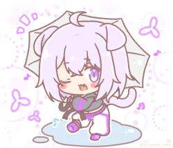  1girl ;d ahoge animal_ears beamed_sixteenth_notes boots cat_ears cat_girl cat_tail chibi commentary_request eighth_note fang flying_sweatdrops grey_hoodie grey_umbrella hair_between_eyes highres holding holding_umbrella hololive hood hood_down hoodie long_sleeves mitarashi_neko musical_note nekomata_okayu nekomata_okayu_(1st_costume) notice_lines one_eye_closed pants puddle puffy_long_sleeves puffy_pants puffy_sleeves purple_boots purple_hair shoe_soles smile solo standing standing_on_one_leg tail umbrella violet_eyes virtual_youtuber water white_background white_pants 