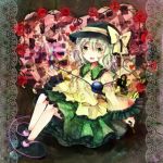  ankle_boots arm_up blouse bow checkered checkered_background eyeball flower frills gradient_hair green_eyes grey_background hat hat_ribbon heart heart_of_string jaku_sono key komeiji_koishi lace lock long_sleeves looking_at_viewer multicolored_hair no_socks open_hand open_mouth red_rose ribbon rose short_hair sitting skirt smile solo third_eye thorns touhou wide_sleeves 