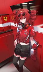  1girl absurdres black_shorts black_thighhighs blush chinese_commentary commentary_request drill_hair eyewear_on_head ferrari fr-ee-dom hair_between_eyes headphones headphones_around_neck highres jacket kasane_teto navel open_clothes open_jacket open_mouth red_eyes red_hair red_jacket red_shirt shirt short_hair short_sleeves shorts solo sunglasses thigh-highs twin_drills utau 