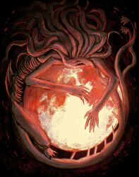  artist_name black_background bloodborne eldritch_abomination full_moon highres monster moon moon_presence_(bloodborne) no_eyes no_humans rashuu red_moon ribs tail tentacles 