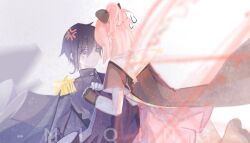  1boy 1girl anger_vein angry black_bow black_cape black_gloves black_hair black_jacket blue_eyes blunt_ends boots bow brown_boots buttons cape capelet collared_jacket commentary cross cross_print epaulettes eyes_visible_through_hair face-to-face film_grain fingerless_gloves floating_clothes foot_out_of_frame from_behind gakuran gloves hair_between_eyes hair_bow heterochromia high-waist_skirt high_collar high_ponytail highres holding holding_unworn_cape holding_unworn_clothes jacket layered_sleeves long_hair_between_eyes long_sleeves looking_at_another magic_circle miniskirt miqing orange_theme original pink_hair pink_skirt pleated_skirt ponytail print_capelet print_jacket school_uniform shade shaded_face shirt short_hair short_over_long_sleeves short_ponytail short_sleeves single_epaulette single_sidelock skirt star_(symbol) striped_clothes striped_thighhighs sun_print sweatdrop thigh-highs turtleneck_capelet unworn_cape upper_body violet_eyes white_background white_capelet white_shirt 