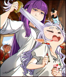  1boy 2girls artist_name blue_sky blunt_bangs bottle breasts closed_eyes closed_mouth commentary cosmetics cupcake day dress earrings elf english_commentary fern_(sousou_no_frieren) food frieren grey_hair highres holding holding_bottle holding_food holding_lipstick_tube indoors jacket jewelry large_breasts lipstick lipstick_mark lipstick_tube long_hair makeup multiple_girls open_mouth pointy_ears pout puffy_short_sleeves puffy_sleeves purple_hair purple_pupils red_eyes red_jacket short_sleeves sky smeared_lipstick snegovski sousou_no_frieren spray_bottle stark_(sousou_no_frieren) thick_eyebrows v-shaped_eyebrows violet_eyes wavy_mouth white_dress 