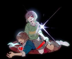  2others black_background blood blood_from_mouth blue_shirt brown_hair chara_(undertale) commentary_request frisk_(undertale) full_body green_shirt grey_shoes grey_shorts highres hire holding holding_knife knife korean_commentary lying multiple_others other_focus red_eyes shirt shoes short_hair shorts shout_ing sitting sitting_on_person smile teeth undertale utdr_(toby_fox) 