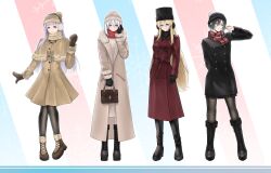 4girls alternate_costume azur_lane bag beanie bismarck_(azur_lane) black_boots black_coat black_gloves black_hair black_hat black_mittens black_pantyhose black_skirt black_sweater blonde_hair blue_background blue_eyes blunt_bangs boots brown_bag brown_boots brown_capelet brown_coat brown_dress brown_hat brown_mittens brown_sweater buttons capelet coat coat_dress colorful_background commentary double-breasted dress english_commentary full_body fur-trimmed_boots fur-trimmed_capelet fur-trimmed_coat fur-trimmed_headwear fur-trimmed_sleeves fur_collar fur_trim gloves hair_between_eyes hand_up handbag hat high_heel_boots high_heels highres knee_boots knees_together_feet_apart lace-up_boots long_coat long_hair long_sleeves looking_at_viewer mittens multiple_girls pantyhose parted_lips pigeon-toed plaid_clothes plaid_scarf platform_boots pleated_skirt plymouth_(azur_lane) pom_pom_(clothes) pom_pom_beanie print_bag purple_hair red_background red_coat red_scarf ribbed_sweater scarf short_hair skirt striped_background sweater sweater_dress tirpitz_(azur_lane) turtleneck turtleneck_sweater ulrich_von_hutten_(azur_lane) violet_eyes white_background white_hair winter_clothes xuwasoo yellow_eyes 