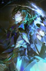  1boy anaxa_(honkai:_star_rail) aqua_hair ascot black_jacket blue_eyes chain closed_mouth corset cowboy_shot earrings fsuusux gem hair_between_eyes hair_intakes hand_up highres honkai:_star_rail honkai_(series) jacket jewelry lapels long_hair looking_at_viewer male_focus mandarin_collar no_eyepatch notched_lapels pink_pupils red_gem shirt side_ponytail single_earring solo white_shirt 