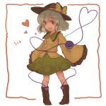  boots border bow character_name eyeball grey_hair hat hat_bow heart heart_of_string komeiji_koishi open_mouth silver_eyes silver_hair skirt smile solo standing third_eye touhou white_background yuu. 