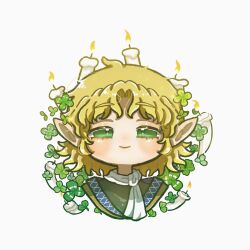 1girl blonde_hair candle closed_mouth clover commentary_request cropped_shoulders four-leaf_clover green_eyes hakunemui leaf mizuhashi_parsee pointy_ears scarf short_hair simple_background smile solo touhou twitter_username white_background white_scarf 