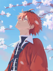  1boy absurdres black_hair black_shirt blue_sky cherry_blossoms highres jacket looking_up male_focus multicolored_hair red_hair red_jacket roots_(hair) shirt short_hair sky smile sousou_no_frieren spring_(season) stark_(sousou_no_frieren) sugarism two-tone_hair upper_body 