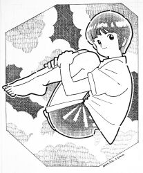  1girl artist_name barefoot closed_mouth clouds commentary_request crosshatching dated fetal_position from_side full_body greyscale hatching_(texture) hugging_own_legs linear_hatching looking_at_viewer looking_to_the_side monochrome original shirt short_hair short_sleeves shorts smile solo traditional_media zpihr6jprso2r2l 