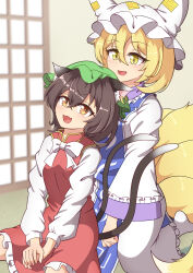  2girls :3 :d absurdres animal_ear_piercing animal_ears ayuyu_yuka03 behind_another blonde_hair blue_tabard bow breasts brown_eyes brown_hair cat_ears cat_tail chen commentary crossed_bangs dot_nose dress earrings fang feet_out_of_frame fox_girl fox_tail frilled_dress frilled_skirt frilled_sleeves frills green_hat hair_between_eyes hat highres indoors jewelry kitsune kneeling kyuubi light_blush long_sleeves looking_at_another mob_cap multiple_girls multiple_tails nekomata open_mouth red_skirt red_vest shirt short_hair shouji single_earring sitting skin_fang skirt sliding_doors small_breasts smile socks tabard tail touhou two_tails vest white_bow white_dress white_hat white_shirt white_socks white_trim wide_sleeves yakumo_ran yellow_eyes yellow_trim 