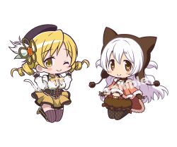  2girls animal_ears beanie black_boots black_gloves black_hat blonde_hair blush blush_stickers boots bow breasts brown_choker brown_corset brown_eyes brown_gloves brown_hat brown_pantyhose brown_skirt brown_thighhighs cat_ears chibi choker cloak closed_mouth commentary_request corset detached_sleeves drill_hair earflap_beanie fake_animal_ears fingerless_gloves frilled_skirt frills full_body fur-trimmed_cloak fur_trim gecchu gloves hair_between_eyes hair_ornament hair_through_headwear hat juliet_sleeves long_hair long_sleeves looking_at_viewer magical_girl mahou_shoujo_madoka_magica mahou_shoujo_madoka_magica:_hangyaku_no_monogatari medium_breasts momoe_nagisa momoe_nagisa_(magical_girl) multiple_girls no_nose orange_cloak pantyhose pinstripe_thighhighs polka_dot polka_dot_footwear polka_dot_pantyhose pom_pom_(clothes) puffy_long_sleeves puffy_short_sleeves puffy_sleeves ribbon ringed_eyes sample_watermark shirt short_sleeves skirt smile soul_gem suspender_skirt suspenders thigh-highs thighhighs_under_boots tomoe_mami tomoe_mami_(magical_girl) twin_drills twintails waist_bow watermark wavy_hair white_background white_hair white_shirt white_sleeves yellow_bow yellow_eyes yellow_ribbon yellow_skirt 