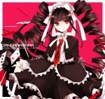  1girl black_hair bonnet card celestia_rudenberk copyright_name dangan_ronpa drill_hair gothic_lolita lolita_fashion long_hair necktie playing_card red_background red_eyes smile solo twin_drills twintails uramakaron 