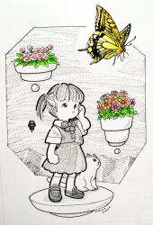  1girl artist_name bow bowtie bug butterfly cat child collared_shirt commentary_request dated floating floating_object flower flower_pot greyscale hatching_(texture) kneehighs linear_hatching loafers looking_at_animal monochrome orange_flower original parted_lips partially_colored pink_flower pleated_skirt ponytail school_uniform shirt shoes short_hair short_ponytail short_sleeves skirt socks solo standing swallowtail_butterfly traditional_media vest yellow_butterfly zpihr6jprso2r2l 