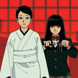  2girls :| age_difference belt black_eyes black_hair black_jacket blazer blunt_bangs bow bowtie brown_flower brown_skirt charm_(object) closed_mouth collared_shirt commentary cowboy_shot dress_shirt expressionless eyelashes flat_color flower freckles hair_flower hair_ornament hair_over_shoulder hair_up height_difference highres holding holding_sword holding_weapon ishii_o-ren jacket jadoochicken japanese_clothes kill_bill kimono korean_commentary light_smile lips long_hair long_sleeves looking_at_viewer multiple_girls nail_polish obijime pleated_skirt red_background red_bow red_bowtie sash school_uniform sheath shirt short_sword shouji side-by-side skirt sliding_doors smile smirk smug sparkle swept_bangs sword tantou unsheathing weapon white_belt white_kimono white_nails white_sash white_shirt yuubari_gogo 