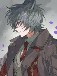  1boy absurdres animal_ears black_eyes closed_mouth coat collared_shirt erune falling_petals formal_clothes from_side granblue_fantasy grey_background grey_coat grey_hair grey_vest highres keita_kg85 looking_ahead male_focus necktie nehan_(granblue_fantasy) open_clothes open_coat petals purple_petals red_necktie shirt short_hair simple_background solo upper_body vest white_shirt wind 
