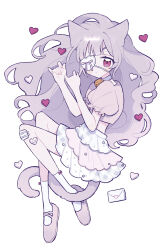  1girl :< absurdres animal_ears bell blunt_bangs blush_stickers bow_legwear cat_ears cat_girl cat_tail choker closed_mouth commentary_request crop_top cropped_shirt eyepatch full_body hands_up heart highres long_hair looking_at_viewer neck_bell niyu_(nennenkorori3) original pink_shirt pink_shoes pink_skirt purple_hair red_eyes shirt shoes short_sleeves simple_background skirt socks solo tail white_background white_choker white_socks 