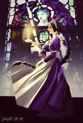  1girl apron black_hair braid braided_ponytail candle chan379 commentary dated dress fata_morgana_no_yakata full_body highres holding holding_candle indoors long_hair maid maid_apron maid_headdress puffy_sleeves purple_dress smile solo stained_glass standing the_maid_(fata_morgana_no_yakata) very_long_hair 