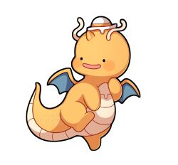  blush chibi claws commentary ditto dragon dragonite english_commentary full_body hat highres horns no_humans open_mouth pokemon pokemon_(creature) pokemon_focus pokemon_pokopia sevi_(seviyummy) simple_background single_horn smile solid_circle_eyes solo tail transformed_ditto white_background white_hat wings 