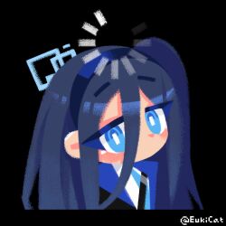  1girl aris_(blue_archive) artist_name black_background black_jacket blue_archive blue_eyes blue_hair blue_hairband blue_halo blue_jacket blue_necktie blush bright_pupils chibi double-parted_bangs euki_(eukicat) hair_between_eyes hairband halo highres jacket loading_icon long_bangs long_hair long_hair_between_eyes long_sidelocks looking_at_viewer multicolored_jacket necktie no_mouth one_side_up open_clothes open_jacket rectangular_halo school_uniform shirt sidelocks simple_background solo thinking upper_body white_pupils white_shirt 