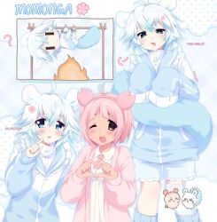  2000s_(style) 2others ahoge androgynous animal_ears antenna_hair blue_eyes blue_jacket blue_leg_warmers blue_shorts blush bob_cut bound cardigan chibi chibi_inset chiikawa commentary english_commentary english_text faux_retro_artstyle fire furuhonya hairband heart heart_hands highres holding_own_tail humanization jacket jelly_(bonnybel) leg_warmers looking_at_viewer momonga_(chiikawa) multiple_others multiple_views neckerchief official_art_inset one_eye_closed open_cardigan open_clothes open_mouth other_focus pastel_colors pink_cardigan pink_eyes pink_hair pink_neckerchief procreate_(medium) shirt short_hair shorts single_thighhigh smug striped_clothes striped_thighhighs tail tenshi_kaiwai thigh-highs tied_up_(nonsexual) track_jacket white_hair white_shirt yume_kawaii 