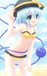 beach bikini blue_eyes blue_hair eyeball hat highres komeiji_koishi navel shimotsuki_keisuke short_hair solo swimsuit touhou 