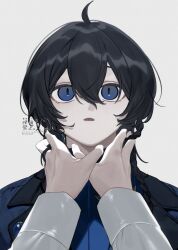  1girl absurdres black_hair blue_eyes blue_suit braid closed_eyes commentary_request fingerless_gloves gloves hand_on_another's_neck high_collar highres long_braid looking_at_viewer open_mouth original shirt short_hair sidelocks simple_background solo strangling suit suitei tagme twin_braids white_background white_shirt wolf_cut 