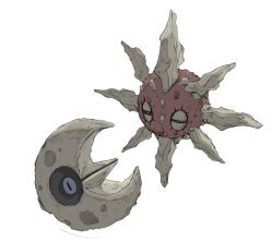  avocado_539 closed_mouth colored_skin eyelashes highres lunatone moon no_humans orange_skin pokemon pokemon_(creature) pokemon_focus red_eyes simple_background solrock white_background 
