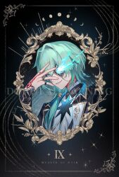  1boy anaxa_(honkai:_star_rail) aqua_hair black_jacket chain earrings english_text eyepatch gem hair_between_eyes hair_intakes hand_up highres hitohachan honkai:_star_rail honkai_(series) jacket jewelry lapels long_hair male_focus mandarin_collar notched_lapels one_eye_covered red_gem shirt side_ponytail single_earring smile solo teeth upper_body white_shirt 