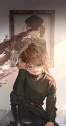  1girl absurdres ahoge baggy_pants belt black_boots blonde_hair blood blood_on_wall blue_eyes boots brown_belt closed_mouth cross epaulettes full_body gem gloves green_hat green_jacket green_pants gun hair_between_eyes hand_up handgun hat high_ponytail highres holding holding_gun holding_weapon huge_ahoge indoors iron_cross jacket jewelry long_hair long_sleeves looking_at_viewer military military_hat military_jacket military_uniform on_floor open_mouth pants peaked_cap pendant photo_(object) ponytail red_gem reflective_floor shadow shoulder_boards sidelocks sitting smile solo sparkle sunlight syake_chi tanya_degurechaff teeth tongue weapon white_gloves youjo_senki 